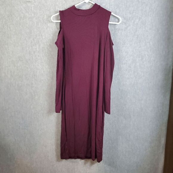FOREVER 21 Dress Womens Large Red Ribbed Cold Shoulder Sleeve Mock Neck Sweater - Picture 1 of 13